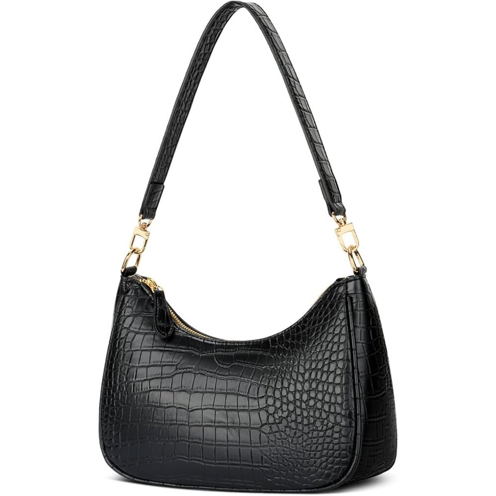 Women's E-Black PU leather Gold Chain Strap Underarm Zipper Pouch Hobo Purses